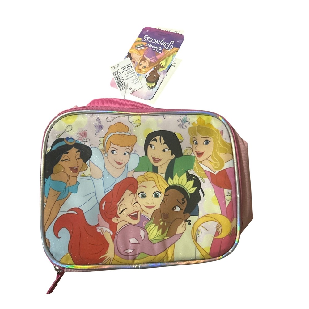Disney Princess Insulated Lunch Box Pink Iridescent Trim NWT Jasmine Ariel Tiana
